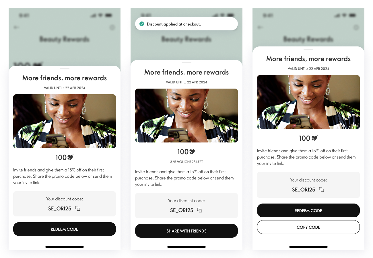 Voucher sharing — redeem, copy and share flows